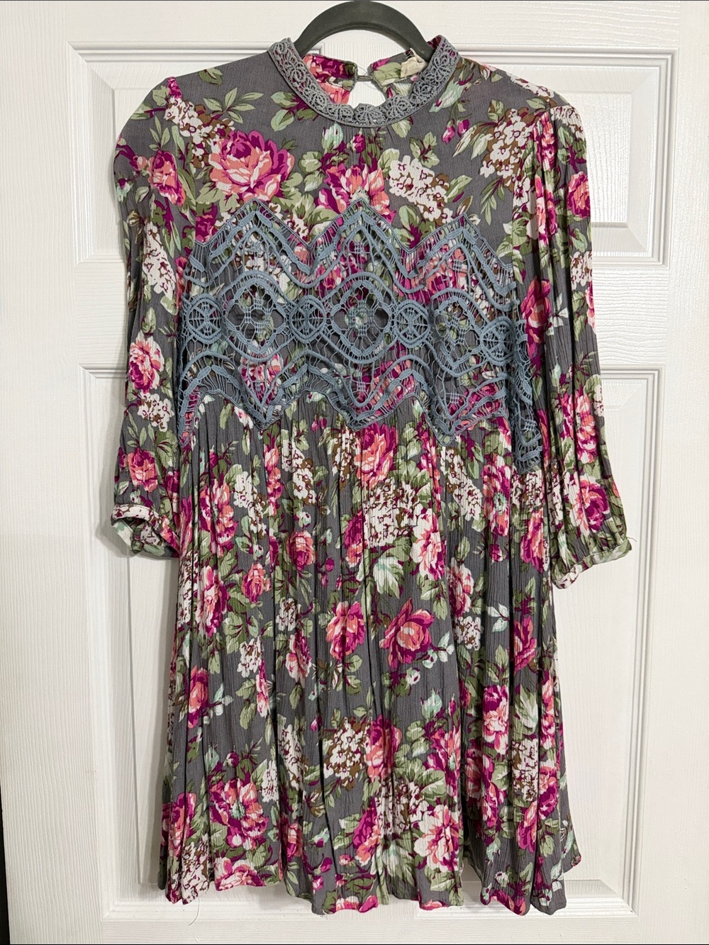 Entro Gray Floral Crochet-Trim Babydoll Dress